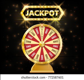 Gold realistic fortune wheel 3d object isolated on dark background with jackpot text. lucky fortune wheel e vector illustration