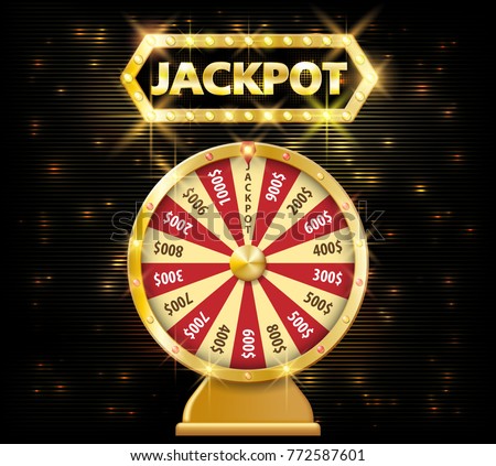 Gold realistic fortune wheel 3d object isolated on dark background with jackpot text. lucky fortune wheel e vector illustration