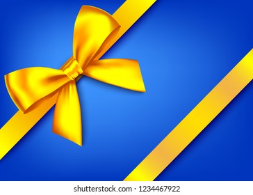 Gold  realistic gift bow with horizontal  ribbon isolated on blue  background. Vector golden  holiday design element  for banner, greeting card, poster.