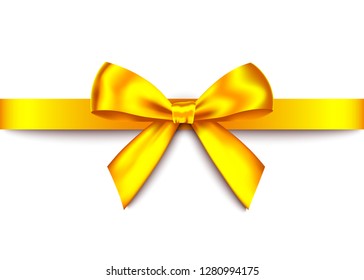 Gold  realistic gift bow with horizontal  ribbon isolated on white background. Vector golden  holiday design element  for banner, greeting card, poster.