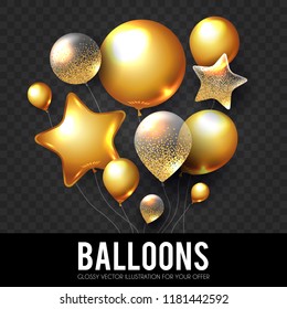 Gold Realistic Glossy and Transparent Balloons with Confetti. Holiday, Sale and Party Decoration. Birtday. Wedding, Greetings, Congratulations, Anniversary, Win and so on. Vector illustration