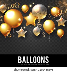 Gold Realistic Glossy and Transparent Balloons with Confetti. Holiday, Sale and Party Decoration. Birtday. Wedding, Greetings, Congratulations, Anniversary, Win and so on. Vector illustration