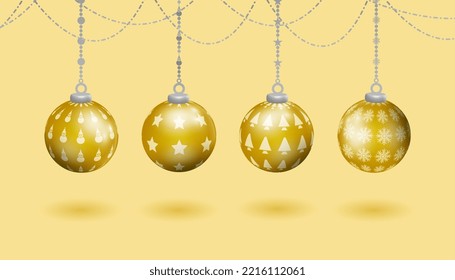 gold realistic hanging ball christmas decoration set, with various patterns of christmas symbols, christmas tree, snowman, stars, snowflakes