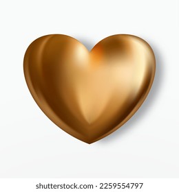 Gold realistic heart vector icon. Romantic symbol of Love isolated on white background. Decorative design element for wedding invitation and Valentine's Day cards.