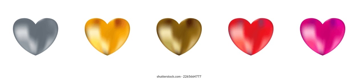Gold realistic heart vector icon. Golden and yellow, pink, red and silver hearts isolated on white background. Decorative design element for love card, wedding invitation and Valentine's Day.