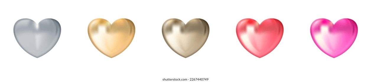 Gold realistic heart vector icon. Golden and yellow, pink, red and silver hearts isolated on white background. Decorative design element for love card, wedding invitation and Valentine's Day.