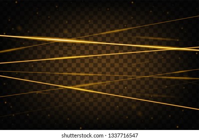 Gold realistic laser beam background. Laser rays iolated on transparent background. Modern style abstract. Bright shiny lasers pattern. Vector illustration