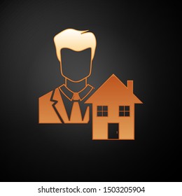 Gold Realtor icon isolated on black background. Buying house.  Vector Illustration