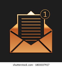 Gold Received message concept. Envelope icon isolated on black background. New, email incoming message, sms. Mail delivery service. Long shadow style. Vector.