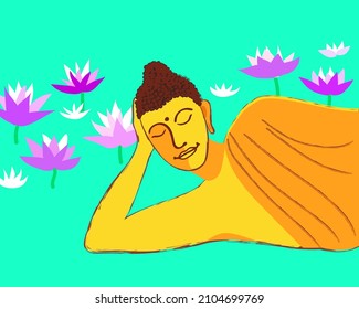 Gold Reclining Buddha among the lotuses in cartoon style. Vector illustration