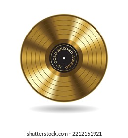 Gold record award ( golden analog phonograph record disk  12 inch vinyl LP )  isolated white background  Vector illustration 