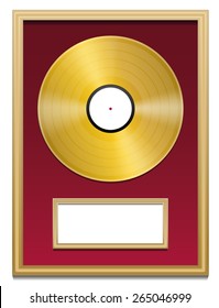 Gold Record With Blank Plaque That Can Be Labeled, In A Golden Frame On Red Ground. Isolated Vector Illustration Over White Background.