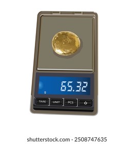 Gold Recovery from Electronics. A digital scale displaying the weight of a gold-colored object, likely recovered from an electronic component. a vector image. white background