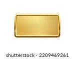 Gold rectangle button with frame vector illustration. 3d golden glossy elegant design for empty emblem, medal or badge, shiny and gradient light effect on plate isolated on white background.