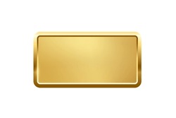 Gold Rectangle Button With Frame Vector Illustration. 3d Golden Glossy Elegant Design For Empty Emblem, Medal Or Badge, Shiny And Gradient Light Effect On Plate Isolated On White Background.