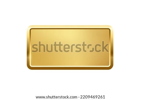 Gold rectangle button with frame vector illustration. 3d golden glossy elegant design for empty emblem, medal or badge, shiny and gradient light effect on plate isolated on white background.