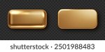 Gold rectangle button isolated. Golden design for empty emblem. Glossy golden metallic shape. 3D realistic vector shiny icon