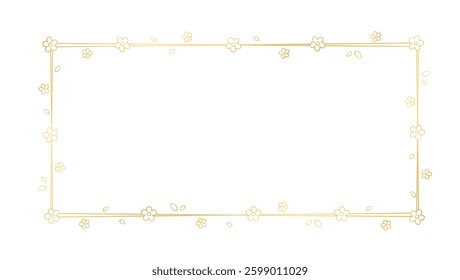 Gold Rectangle Floral Frame Outline Doodle. Botanical border template, flourish design element for wedding, greeting card.