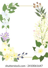 Gold rectangle frame with lilac flowers, periwinkle and berries isolated on a white background. Vector illustration.