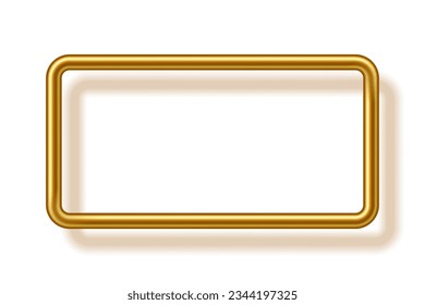 Gold rectangle frame for picture with shadow on white background. Blank space for picture, painting, card or photo. 3d realistic tube template vector illustration. Simple golden object mockup.