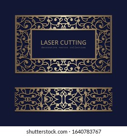 Gold rectangle frame and seamless border pattern. Ornamental golden decoration on dark blue background. Vector template for laser cutting. Elegant ornament for invitation card design. Place for text