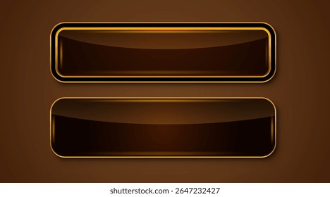 Gold rectangle isolated button. Golden design for empty emblem. Glossy golden metallic shape. 3D realistic vector shiny button