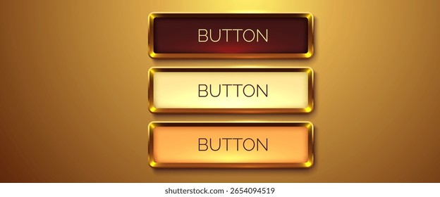 Gold rectangle isolated button. Golden design for empty emblem. Glossy golden metallic frame. 3D realistic vector shiny button