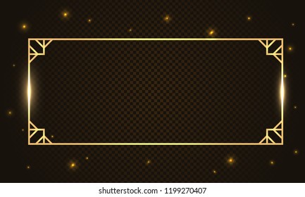 Gold rectangle luxury glow thin line box, frame, border, decorative design elements. Horizontal banner with golden bokeh isolated on dark, black background. Vector background for information, text. 