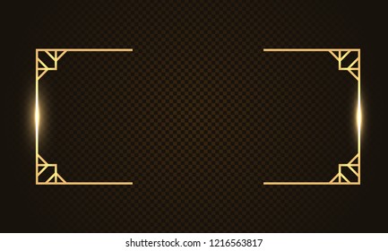 Gold rectangle luxury glow thin line box, frame, border, decorative design elements. Horizontal banner with golden bokeh isolated on dark, black background. Vector background for information, text. 