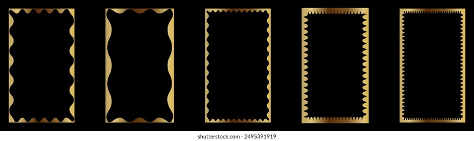 Gold rectangle picture frames with wavy inner borders. Vector illustration isolated on transparent background
