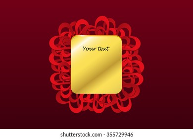 Gold rectangle with a place for your text is surrounded by a number of red hearts in middle of the vector.  Everything is on a red background. 