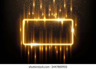 Gold rectangle shape border with flash rays and sparks vector illustration. Realistic 3D shiny golden frame with edges and fiery flare, precious jewelry and abstract star dust glow on black background