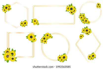 Gold rectangle square circle rhombus frame with sunflowers. Flowers for a wedding invitation, happy birthday. Line vector illustration of doodles collection.