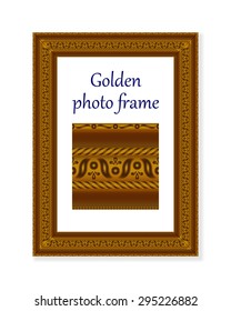 Gold rectangular frame for a photo or painting isolated on white background. Vector illustration.