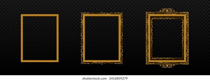 Gold rectangular frames with ornaments set. Elegant vintage banners for photos and paintings with luxurious victorian design and antique baroque vector style