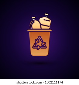 Gold Recycle bin with recycle symbol icon isolated on dark blue background. Trash can icon. Garbage bin sign. Recycle basket sign.  Vector Illustration