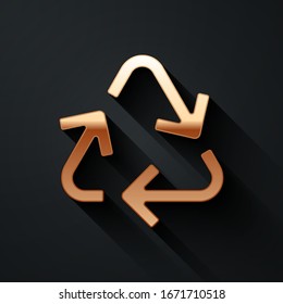 Gold Recycle symbol icon isolated on black background. Circular arrow icon. Environment recyclable go green. Long shadow style. Vector Illustration