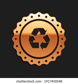 Gold Recycle symbol label icon isolated on black background. Environment recycling symbol. Long shadow style. Vector.