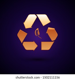 Gold Recycle symbol and leaf icon isolated on dark blue background. Environment recyclable go green.  Vector Illustration