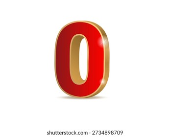 Oro y rojo 3d número 0 con una sombra sobre un fondo blanco. Dígito cero Ilustración vectorial de alta calidad