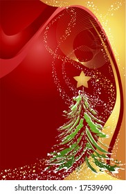 Gold and red abstract background with christmas tree.