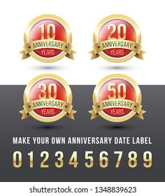 Gold and red ANNIVERSARY date labels with ribbon banner. Round vector icons set.
