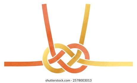 Gold and Red Awabi Knot (Abalone Knot), Awaji Knot Mizuhiki Ribbon - Watercolor-Style Vector Illustration
