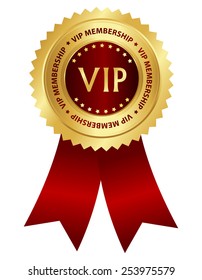 Gold and red award ribbon rosette with VIP membership text inside isolated on white background 