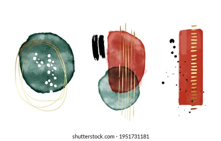 gold red background, abstract brush, watercolor design. Wall poster ink stroke in vector, greeting card, colorful mid century frame, gold glitter, abstract geometric luxury template icons set