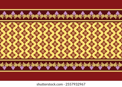 A gold and red banner with ikat pattern of flowers