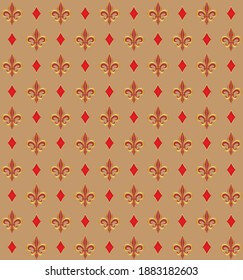 Gold, red and beige Fleur De Lis luxury pattern with diamond decorative details. Royal ornamental background for textile, paper and other prints.