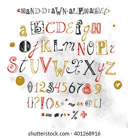 Gold Red and Black Vector Alphabet, Hand Drawn Font,  Vintage Letters illustration