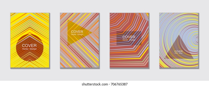 Gold, red and blue halftone vector template with lines, triangles, circles. Title places. Vector journal design geometric shape background set, halftone lines hipster pattern abstract collection