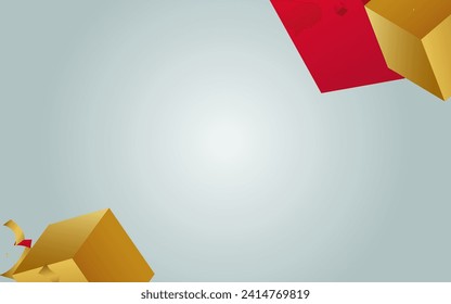 Gold and Red Box Falling Isometric Vector Grey Background. Orange Square Fly Geometric Wallpaper. Luxury Block Volume Illustration. Creative Cube Render Banner.